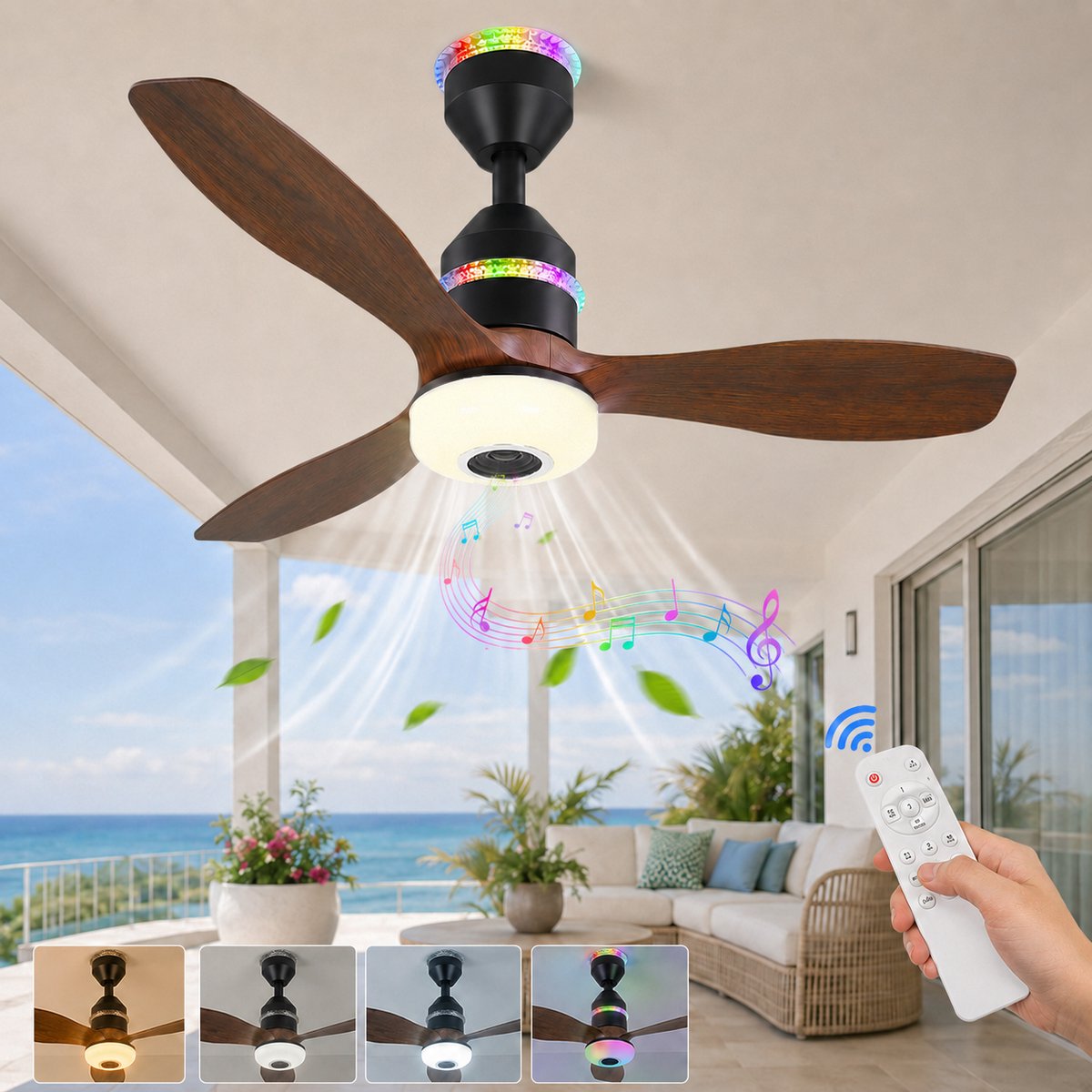 MUPOO Houtlook plafondventilator met verlichting RGB Ø61cm-RGB LED plafonventilator afstandsbediening met Bluetooth Speaker-plafonniere met ventilator met 3 Snelheden & Slaapmodus- ventilator lamp plafond Voor slaapkamer,Woonkamer veranda