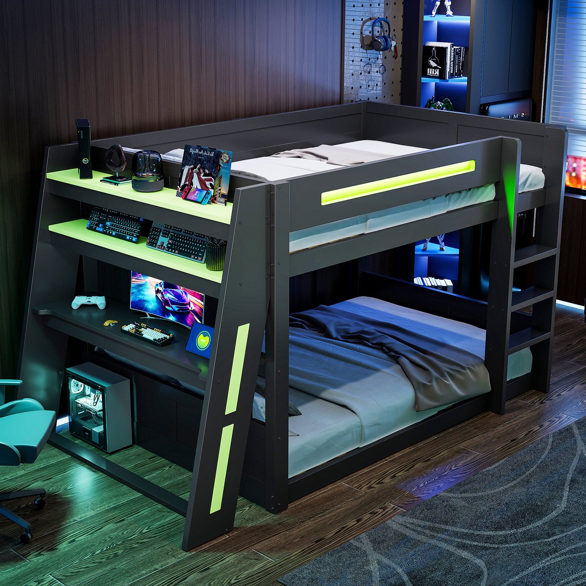 Stapelbed, Houten Gaming Stapelbed Van 140x200 Cm Met Bureau, Twee Opbergvakken, USB-Poort En Ledverlichting, Zwart+Groen