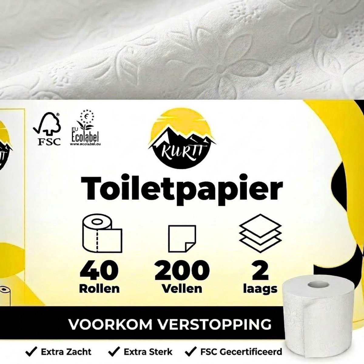 KURTT - 40 rollen Wc papier (2-laags) Extra Zacht Cellulose 200 vellen per rol - Ecolabel, FSC Certified, wc papier Voordeelverpakking