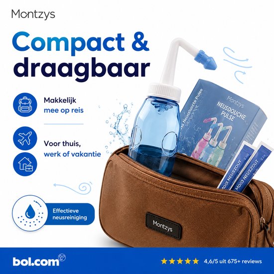 Montzys neusdouche, compact en draagbaar in een bruine tas. Ideaal voor op reis, thuis of op vakantie. Effectieve neusreiniging.