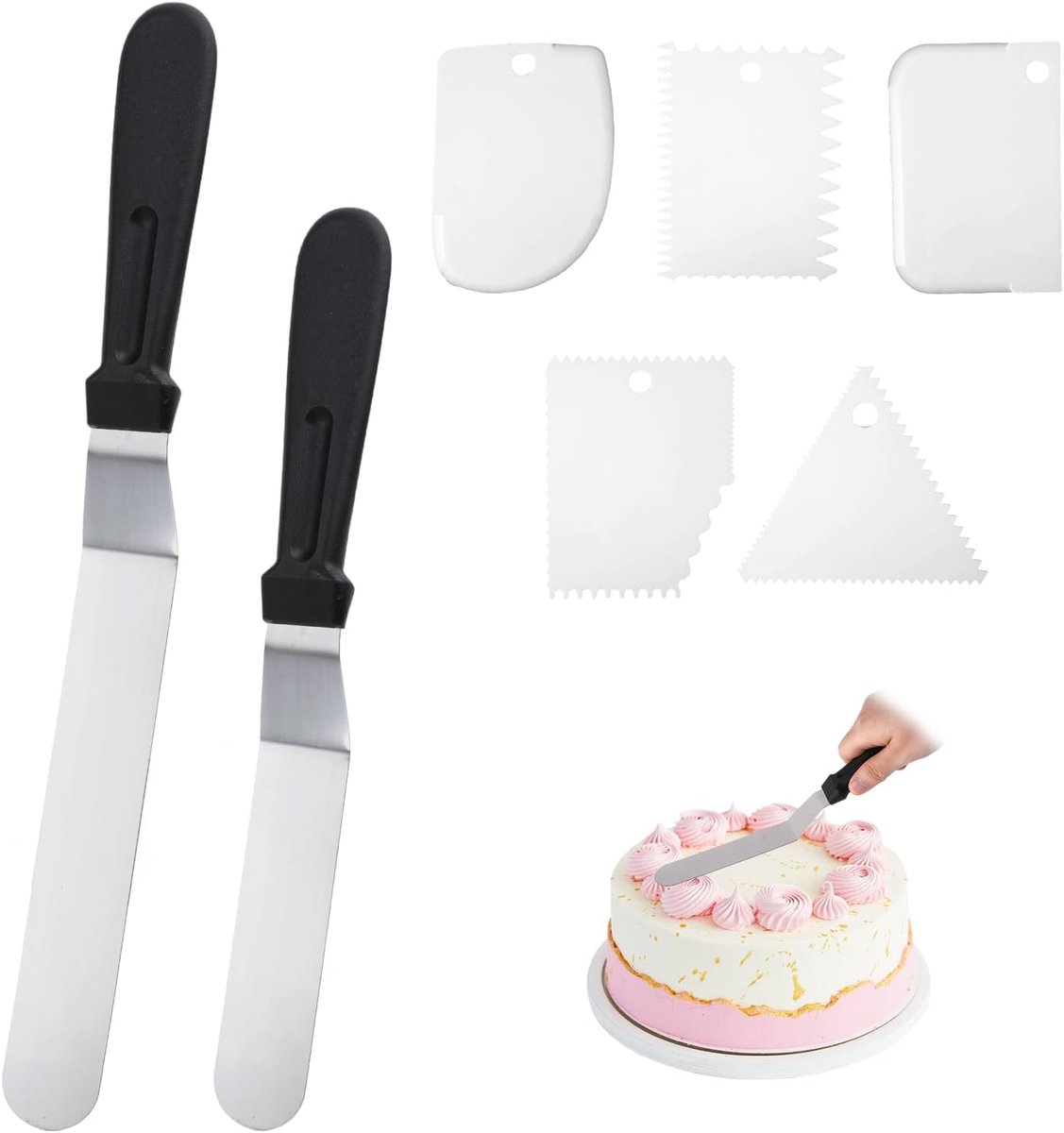 Cake spatula set 7 delen - RVS en kunststof - Inclusief 2 cake scrapers en 5 cream spatulas - ShopVlot