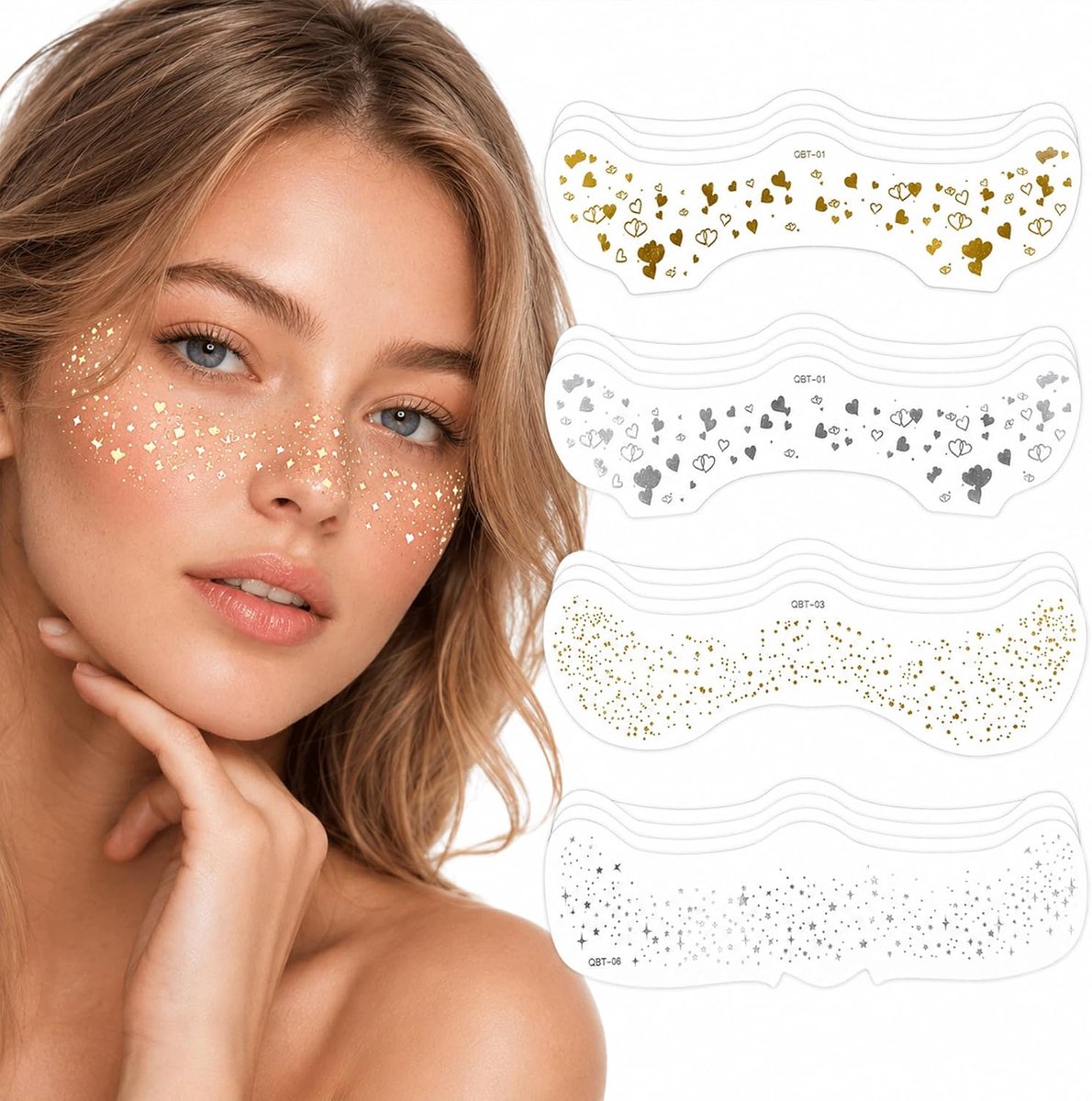 Glittertatoeages voor het gezicht - 16 vellen - goud en zilver - voor een sprankelend effect - ShopVlot