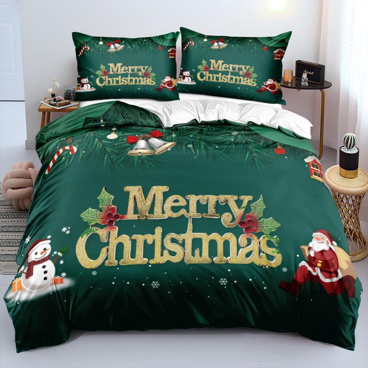 Dekbedovertrek kerst 155 x 220 cm - kerstgroen-goud - 3D beddengoed - perfect cadeau voor kinderen - ShopVlot