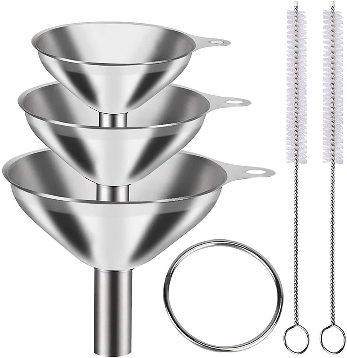 3-delige Roestvrijstalen Keukentrechter Set - Maten 7,5 cm, 5,5 cm en 4,5 cm - Inclusief 2 Reinigingsborstels - Ideaal voor Vloeistoffen en Kruiden - Compact en Handig voor Keuken en Camping