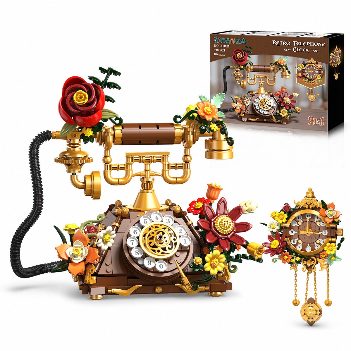 Simarrant 2-in-1 Retro Telefoon & Klok Boupakket – 882 Delen Vintage Bloemenmodel Woondecoratie Bouw spleegoed voor Volwassenen & Tieners 12+ Jaar