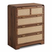 SensaHome Commode Japandi – 5 tiroirs avec poignées dorées – Meuble de rangement pour chambre à coucher – 75x40x90 cm – Noyer