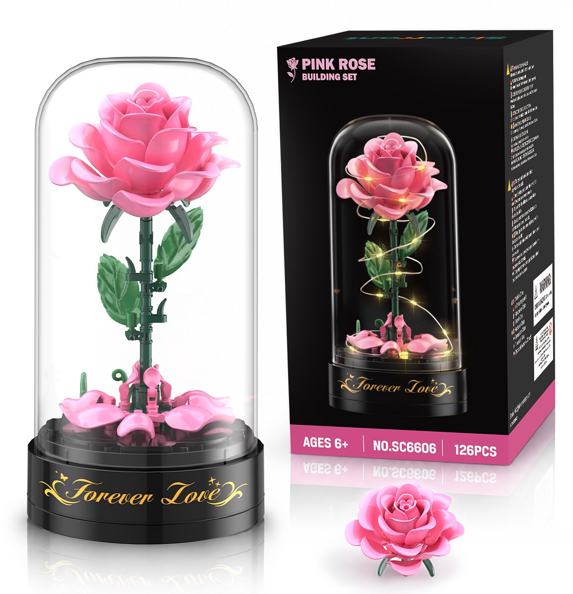 Simarrant Roos Bouwsets met Muziekdoos & Displaykoepel – 126 Delen, Roze Bloemen Botanische Muzikaal Draaiend Bouwpakket voor Volwassenen & Kinderen 6+ Jaar