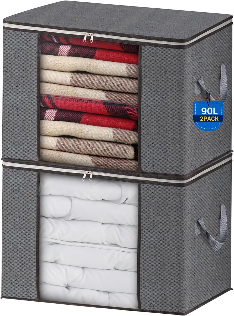 2 Stuks 90L Grote Opbergtas, Opvouwbare Opbergset voor Onder Het Bed, voor Het Opbergen van Beddengoed, Kleding, Dekens, Kussens en Seizoensartikelen (Grijs)