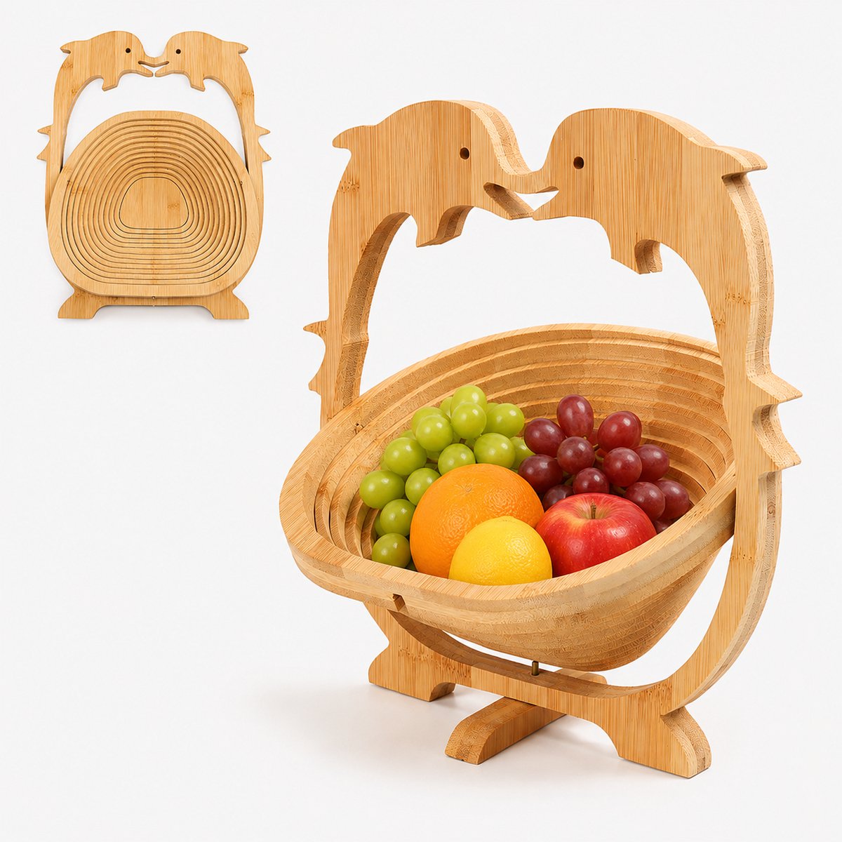 1 Opvouwbare houten mand (2-in-1) - 14×26 ×30 cm - Dolfijnenpatroon - Geschikt voor fruit - Kan gebruikt worden als warmte-isolerende mat - Ideaal voor fruit, groenten en gedroogd fruit - Perfect voor de feestdagen en Kerstmis - Houtkleur