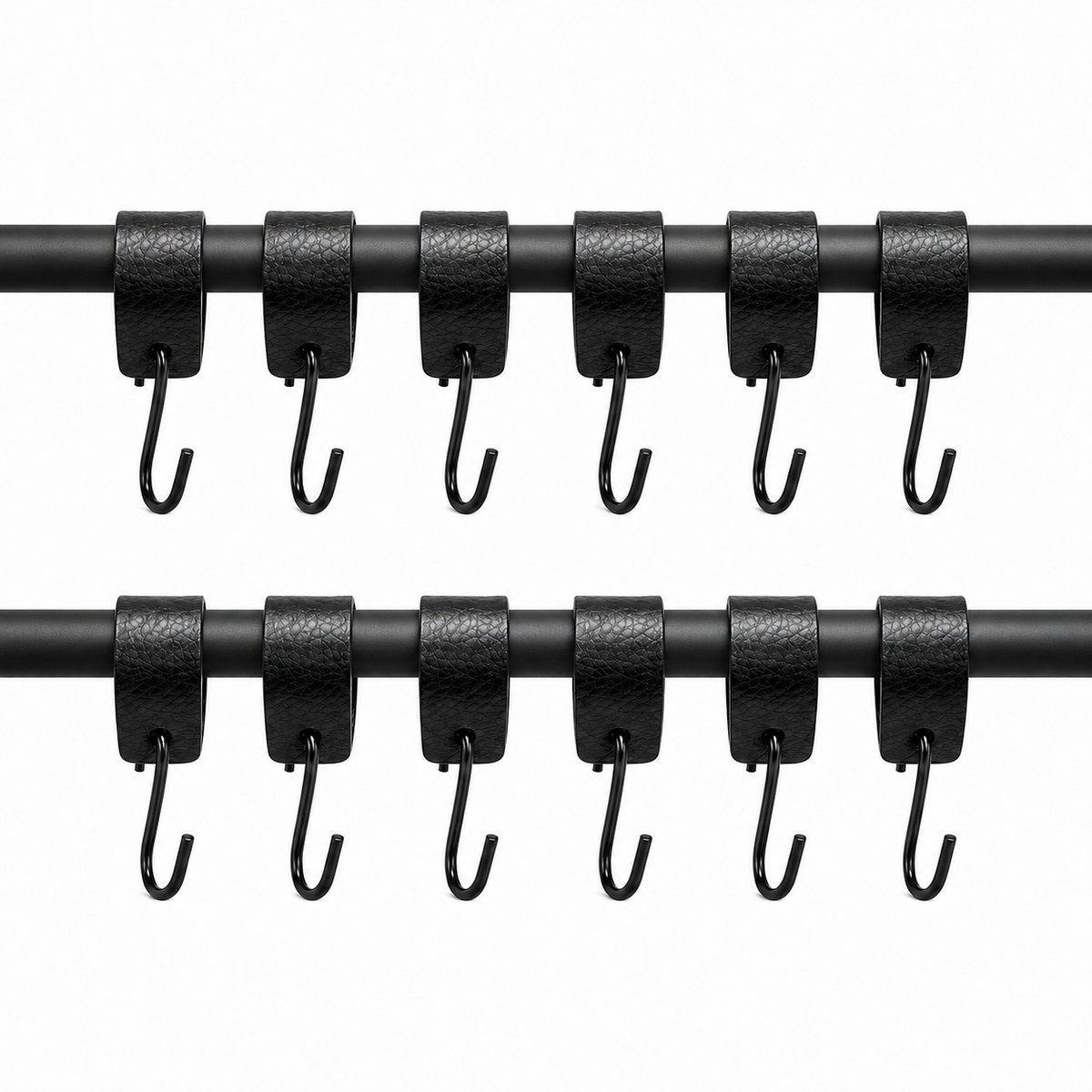 12 Stuks S-Haken - Multifunctionele Ophanghaken met Leren Bekleding - S-Vormige Haken voor Keuken, Badkamer en Kledingkast - Voor Stangen tot 3 cm - Ruimtebesparende Organizer voor Kleding, Handdoeken en Keukengerei - Zwart
