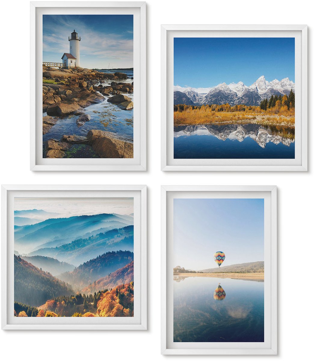 Wallfluent 4-Delige Schilderij Set - Uitzicht Op De Natuur Met Een Vuurtoren, Bergen, Een Meer En Een Ballon. - 40 x 40 En 40 x 60 - Stijlvolle Muurdecoratie - Slaapkamer - Decoratieve Schilderijen