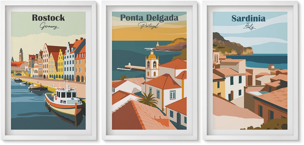 Wallfluent 3-Delige Schilderij Set - Uitzichten Op Europese Kust- En Havensteden - 40 x 60 - Muurdecoratie - Wanddecoratie - Hal