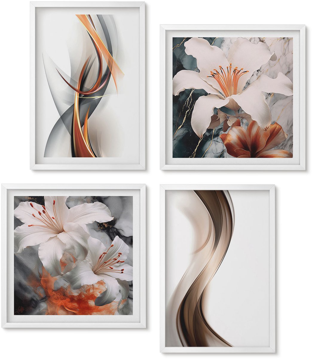 Wallfluent 4-Delige Schilderij Set - Golven In Tinten Geel, Grijs En Bruin. - 40 x 40 En 40 x 60 - Wanddecoratie - Schilderijen Set - Interieur - Muurdecoratie