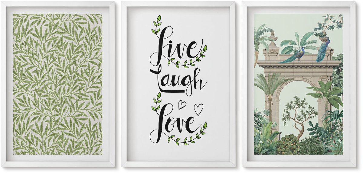 Wallfluent 3-Delige Schilderij Set - Groene Bladeren Als Lettertype En Exotische Planten In De Architectuur - 40 x 60 - Muurdecoratie - Decoratieve Schilderijen - Wohnzimmer