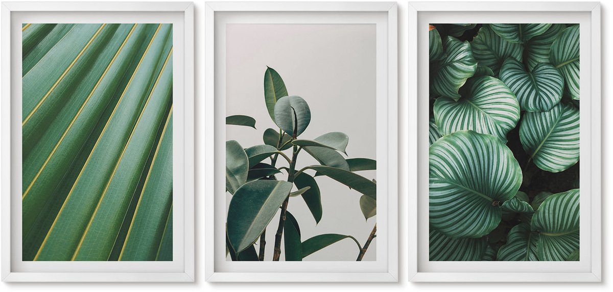 Wallfluent 3-Delige Schilderij Set - Esthetische Tropische Bladeren In Diverse Groene Tinten - 40 x 60 - Muurdecoratie - Decoratieve Schilderijen - Wohnzimmer - Stijlvolle Muurdecoratie