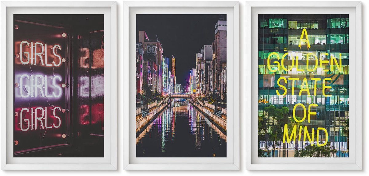 Wallfluent 3-Delige Schilderij Set - Neonreclames Van De Stad 'S Nachts Met Uitzicht Op De Rivier. - 40 x 60 - Muurdecoratie - Interieur Decoratie
