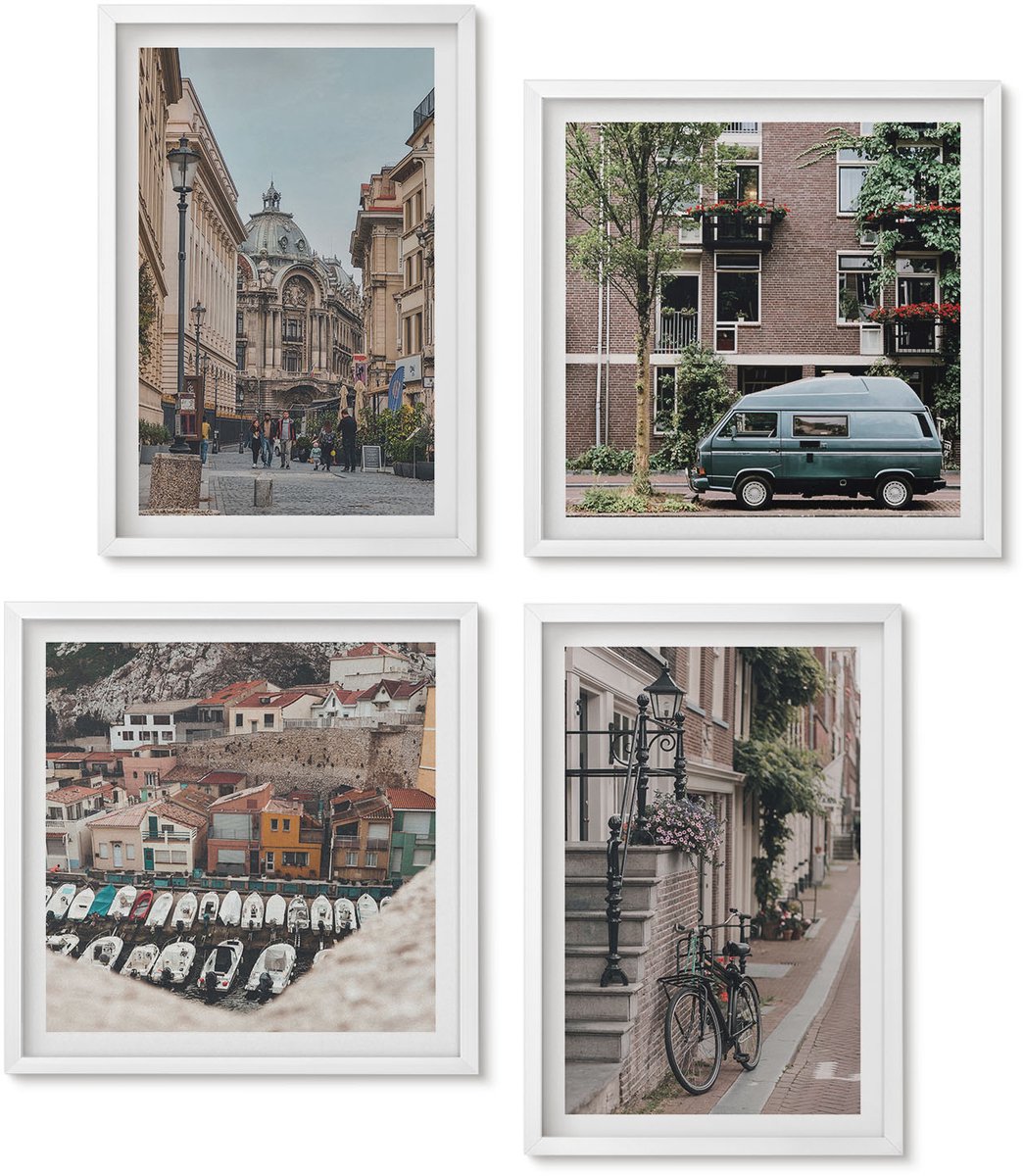 Wallfluent 4-Delige Schilderij Set - Rustige Stedelijke Uitzichten Op Gebouwen - 40 x 40 En 40 x 60 - Muurdecoratie - Schilderijen Set - Woonkamer - Wanddecoratie