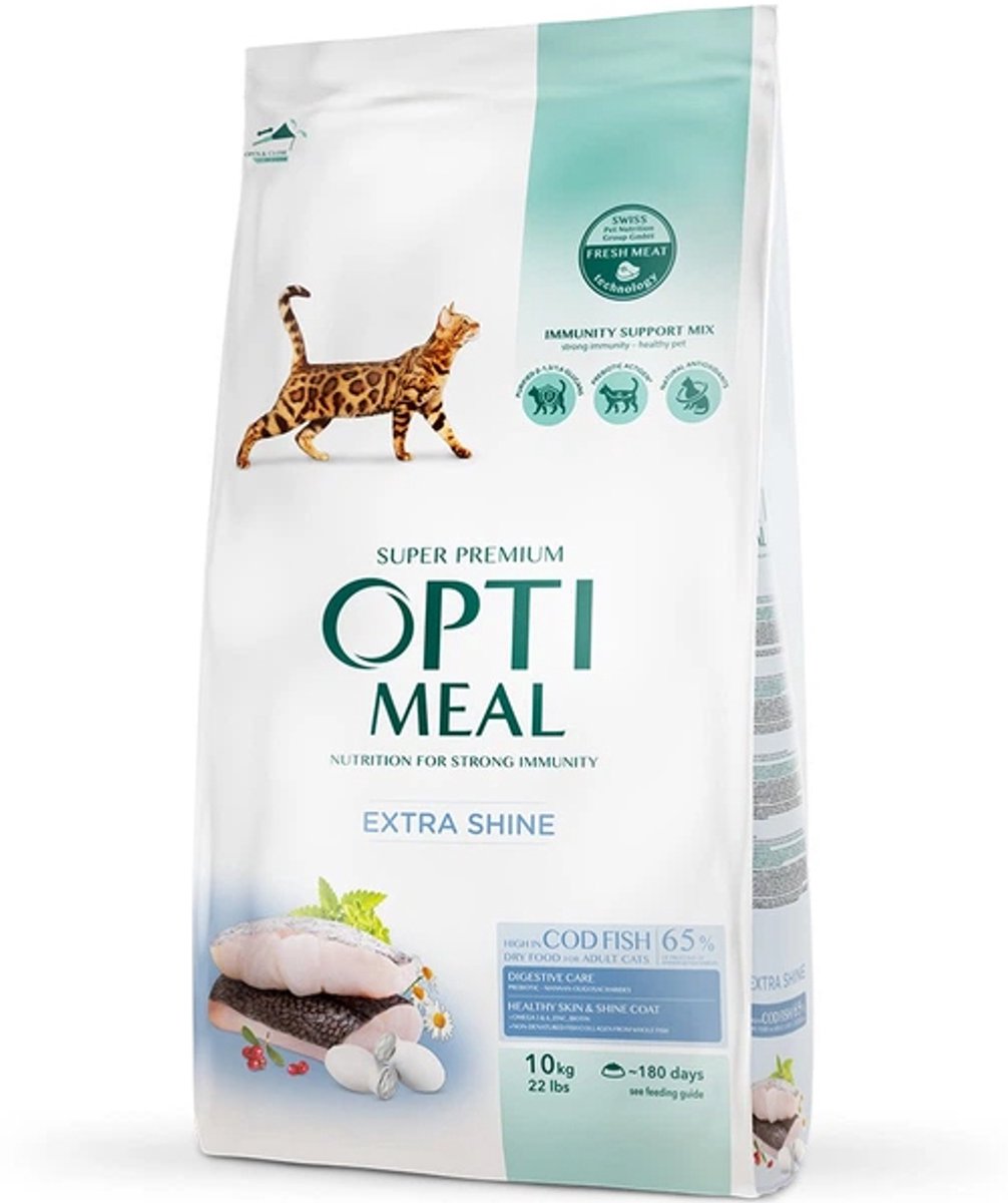 OptiMeal volledig droogvoer voor extra glans met kabeljauw – volwassen katten 10 kg