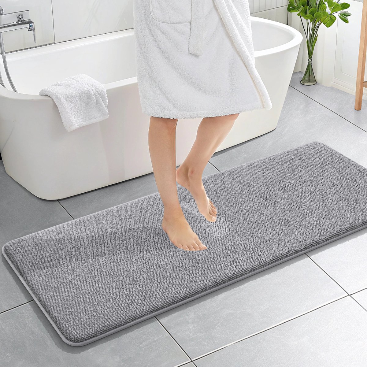 Olanly Badmat Antislip – Dikke Geheugenschuim Douchemat – Badmat Badkamer – Sneldrogend Vloermat – Middelgrijs – 51X150cm