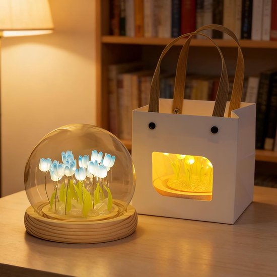 Handgemaakte Nachtlampje - Diy Tulpen Nachtlamp - Decoratieve Bloemenlamp - 20 Bloemen - Met Glazen Afdekking - Geen Eindproduct - Romantisch Cadeau - Sfeerverlichting Slaapkamer - Bureau Decoratieve — afbeelding 3
