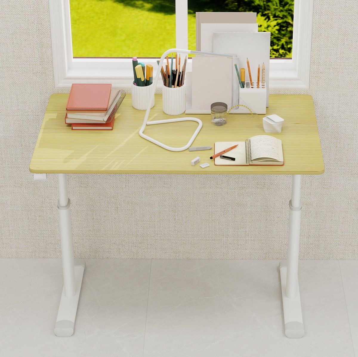 Desmiudesmiu Bureau – Hoogte Verstelbaar Met Handzwengel – 100 x 60 cm – Metaal En Hout – Hout – Voor Thuiswerk En Studie