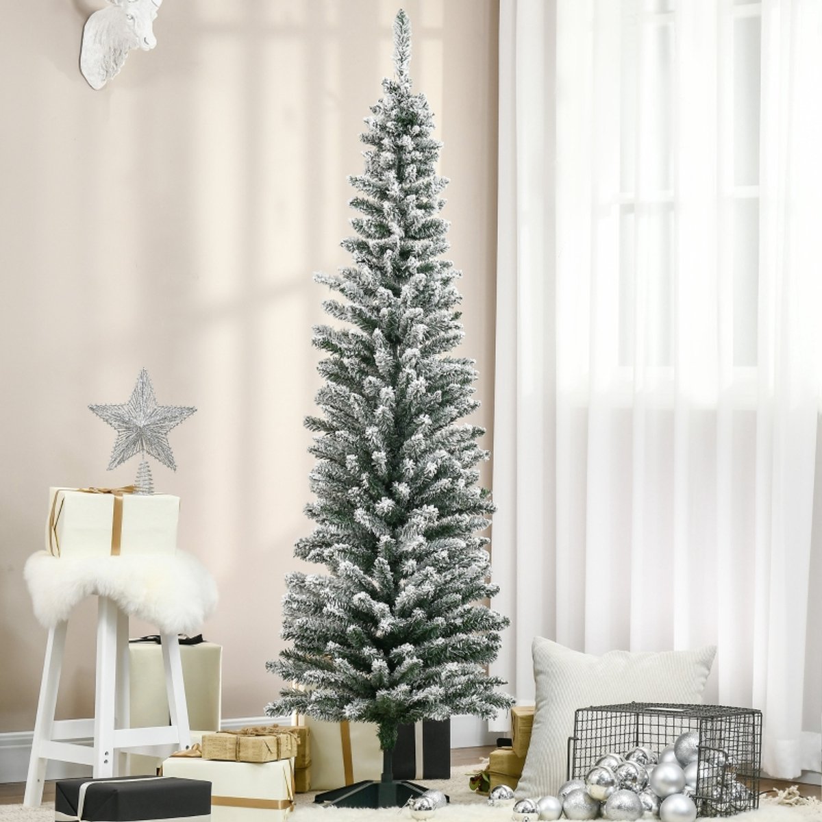 REDOM - Kerstboom - Besneeuwde PVC-takken - Metalen standaard - Klapbaar - Voor binnen - Kunststof - Groen/Wit - Ø55 x 180 cm