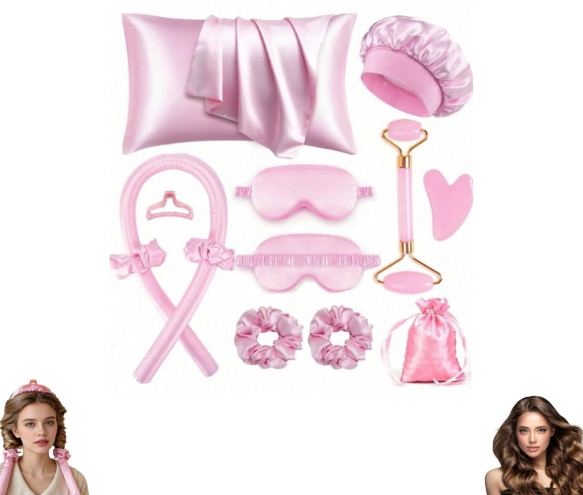 Set van 12 stuks - Haarkruller zonder hitte - Roze strik-haarband van spons - Haarkapje van imitatiezijde - Gezichtsreinigings- en huidverzorgingsset - Gezichtsmassageapparaat - Haaraccessoires geschikt voor gezichtsreiniging en huidverzorging