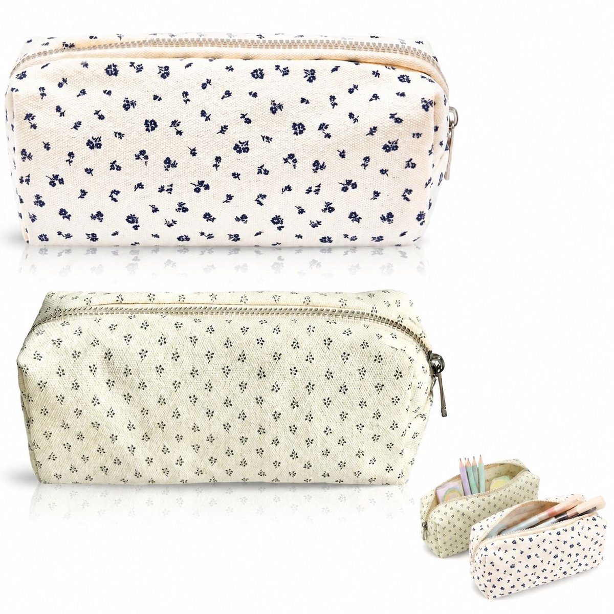 VHV - Etui - Grote pennenzak - Bloemenprint - Esthetische - 20x7x8 cm - Set van 2 - Voor Meisjes - Schoolspullen - Cyaan,donkerblauw