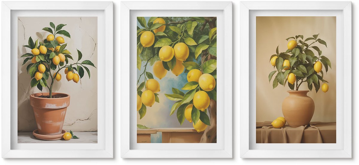 Wallfluent 3-Delige Schilderij Set - Citroenbomen In Potten En Vazen - 20 x 30 - Wanddecoratie - Muurdecoratie - Woonkamer - Interieur Decoratie