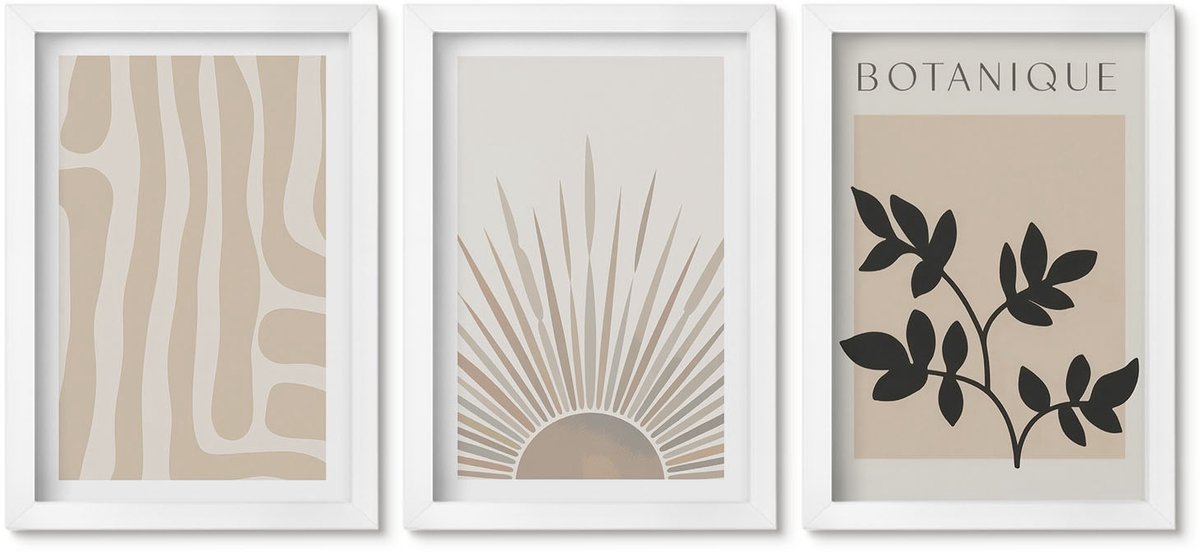 Wallfluent 3-Delige Schilderij Set - Abstracte Patronen Met Plantenaccenten In Neutrale Tinten. - 20 x 30 - Wanddecoratie - Moderne Interieurdecoratie - Moderne Wanddecoratie