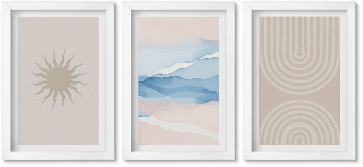 Wallfluent 3-Delige Schilderij Set - Zonnegolven En Abstracte Lijnen In Pastelkleuren - 20 x 30 - Wanddecoratie - Moderne Interieurdecoratie - Muurdecoratie