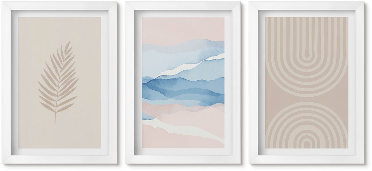 Wallfluent 3-Delige Schilderij Set - Bladeren En Golven In Beige En Blauwe Tinten. - 20 x 30 - Decoratieve Schilderijen - Woonkamer - Interieur - Wanddecoratie