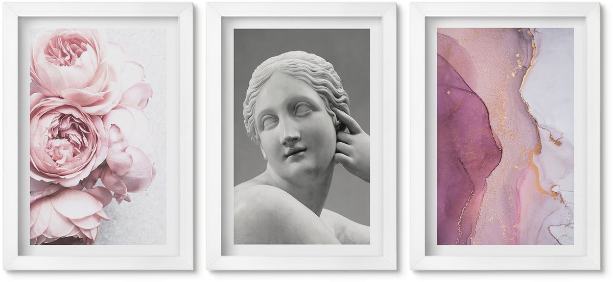 Wallfluent 3-Delige Schilderij Set - Romantische Pioenrozen Sculptuur Van Een Vrouw Abstractie - 20 x 30 - Muurdecoratie - Wanddecoratie - Slaapkamer