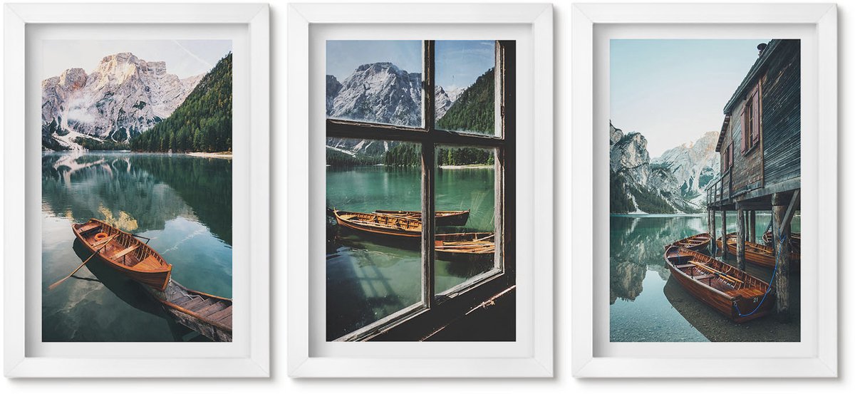 Wallfluent 3-Delige Schilderij Set - Uitzicht Op Een Bergmeer Met Boten En Een Huis Aan Het Water. - 20 x 30 - Muurdecoratie - Decoratieve Schilderijen - Wohnzimmer