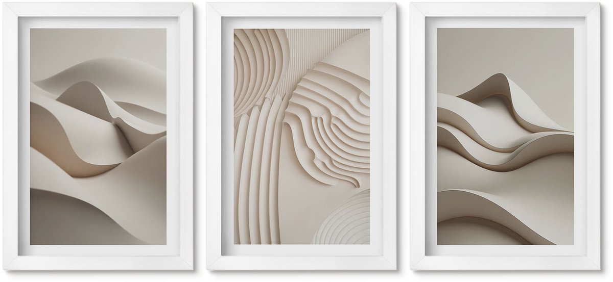 Wallfluent 3-Delige Schilderij Set - Abstracte Golven En Structuren In Beigetinten - 20 x 30 - Schilderijen Set - Wanddecoratie - Woonkamer - Stijlvolle Muurdecoratie