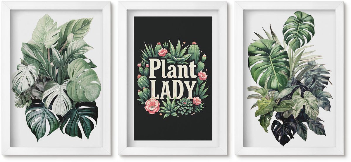 Wallfluent 3-Delige Schilderij Set - Tropische Planten Met Het Opschrift 'Plant Lady' In Het Groen. - 20 x 30 - Muurdecoratie - Wanddecoratie - Hal - Woonkamer Decoratie