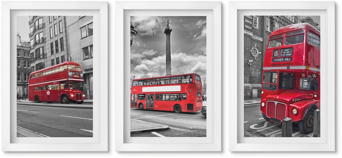 Wallfluent 3-Delige Schilderij Set - Rode Bussen In Het Londense Stadslandschap - 20 x 30 - Muurdecoratie - Wanddecoratie - Hal - Interieur Decoratie