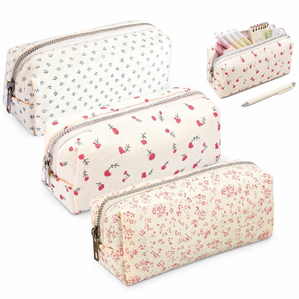 VHV - Etui - Grote pennenzak - Bloemenprint - Esthetische - 20x7x8 cm - Set van 3 - Voor Meisjes - Schoolspullen - Cyaan,rood,roze