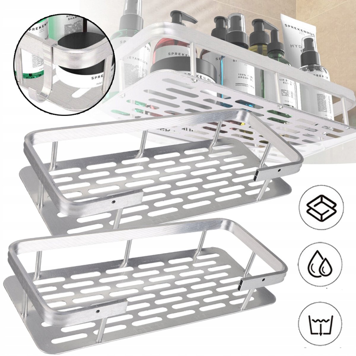 Doucheplank Zonder Boren - 2 stuks, met Haken, Aluminium