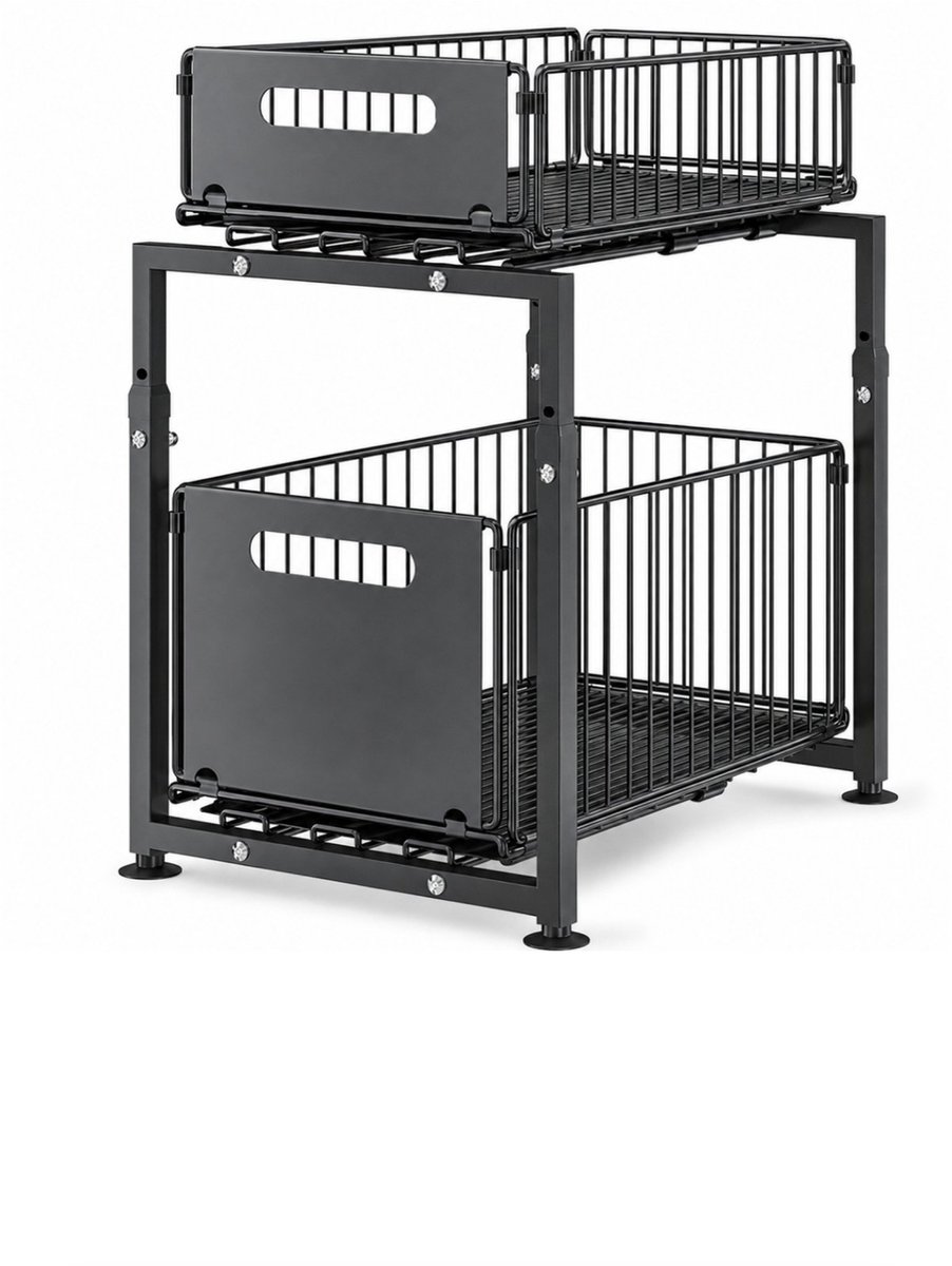 Gootsteenkast Organizer - 29 x 38 x 39-46 CM - Keukenkast Rek 2-Laags - Schuiflade - Gootsteenkastrek Uitschuifbaar - Zwart