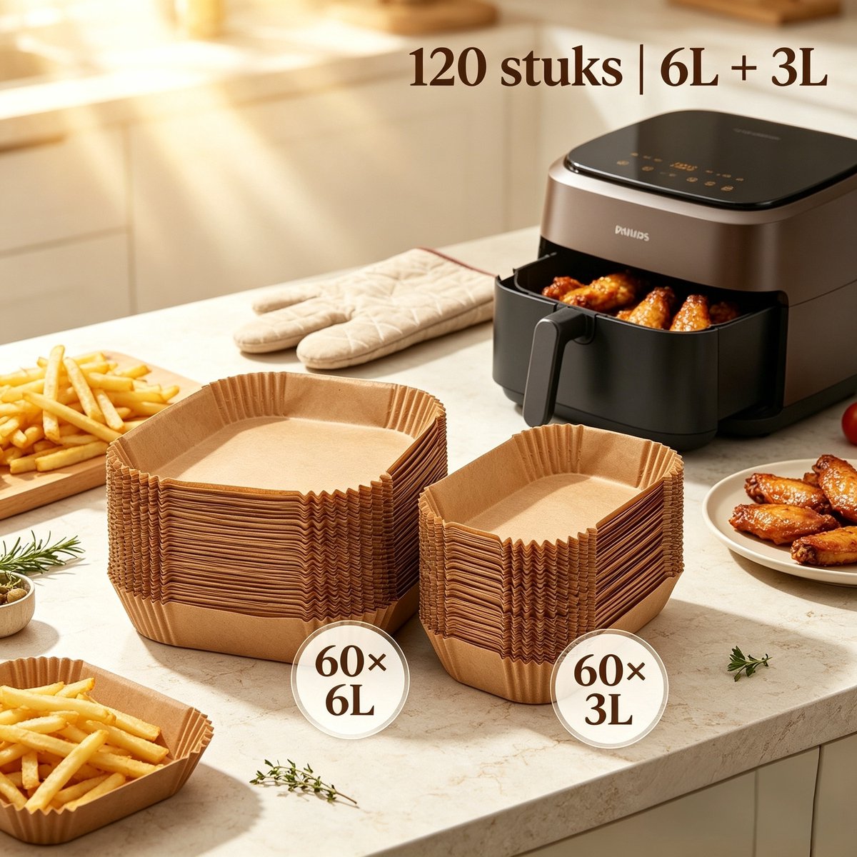 Namajunas – Bakpapier Airfryer – Bakpapiervellen voor Philips Dual Basket Airfryer 3000 & 5000 Serie (6L/3L), NA350/300 & NA550/500 – 120 Stuks Airfryer Wegwerpbakjes – Geschikt voor 9L Heteluchtfriteuse