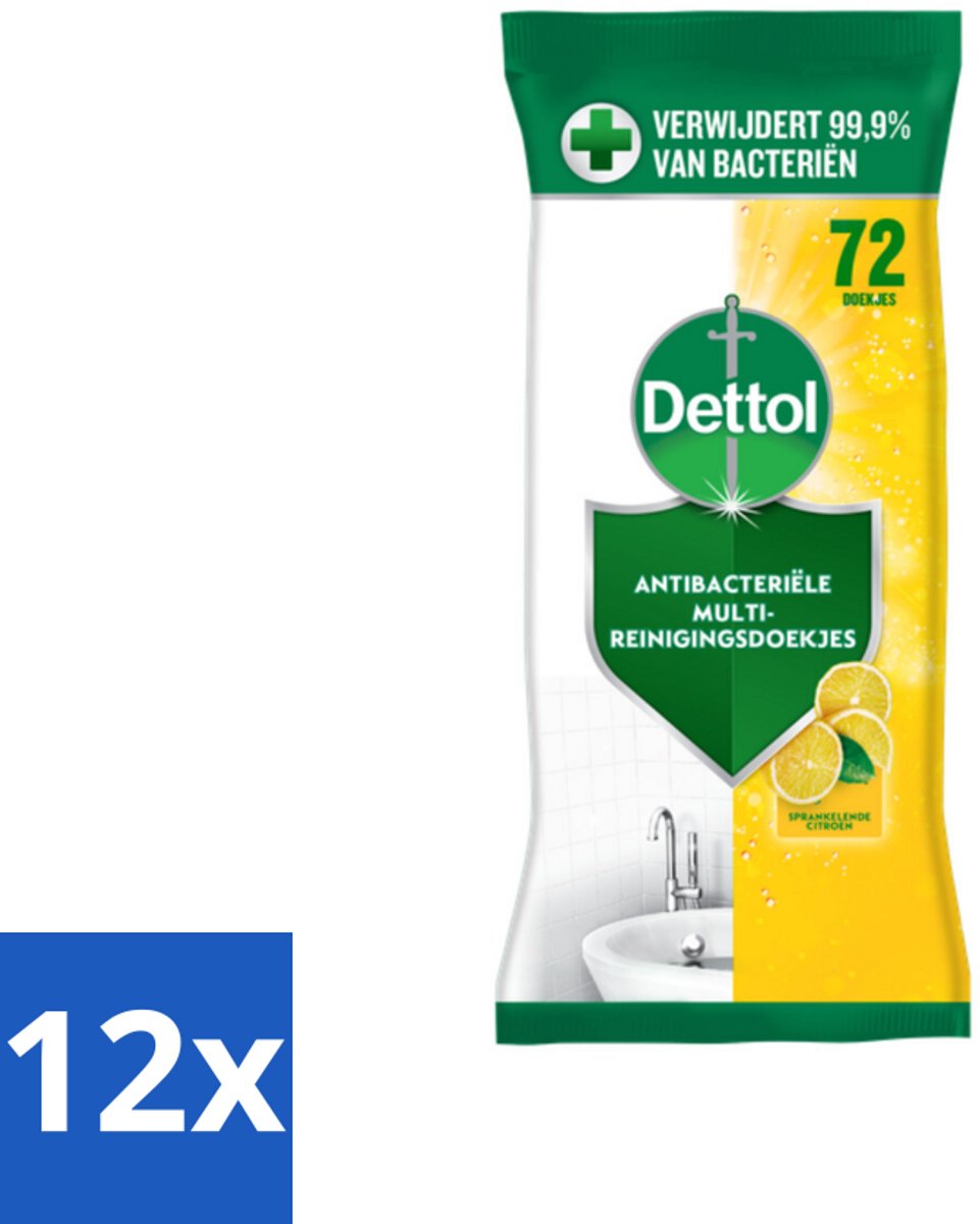 12 x Dettol - Reinigingsdoekjes - Sprankelende Citroen - 99,9% Bacterieverwijdering - 72 Doekjes - Reinigingsdoekjes - Antibacterieel - Schoonmaak - Hygiëne - Citroen