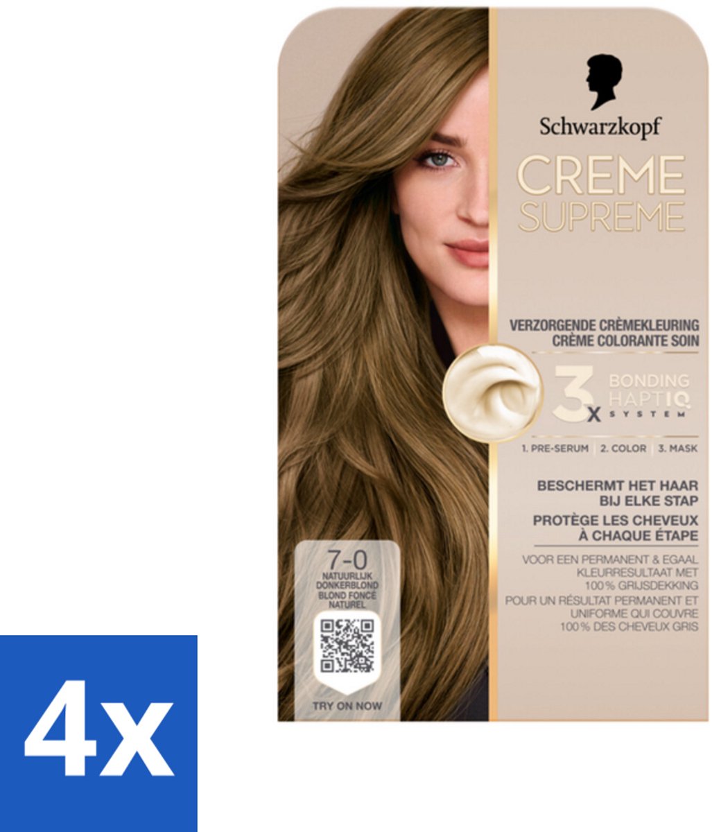 4 x Schwarzkopf - Haarkleuring - Creme Supreme 7-0 - Natuurlijk Donkerblond - 245g - Permanente Haarkleur - Haarkleur Donkerblond - Grijsdekking - Haarkleur Verzorging - Haarkleur Versterken