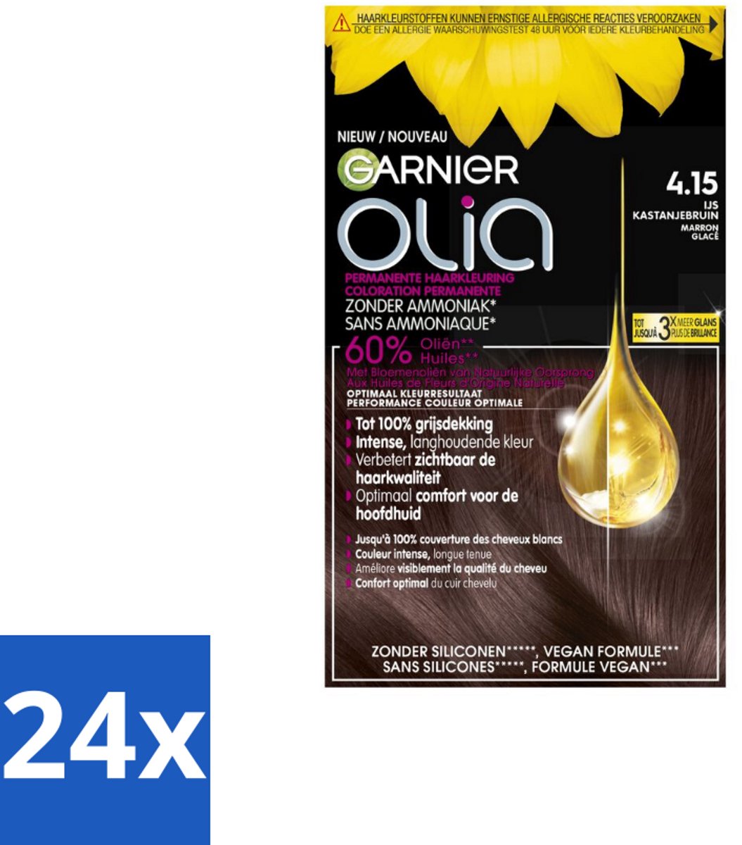 24 x Garnier - Olia 4.15 - Haarkleuring - Kastanje Middenbruin - Zonder Ammoniak - 100% Grijsdekking - Permanente Haarkleuring - Haarkleur - Kastanje - Middenbruin - Grijsdekking