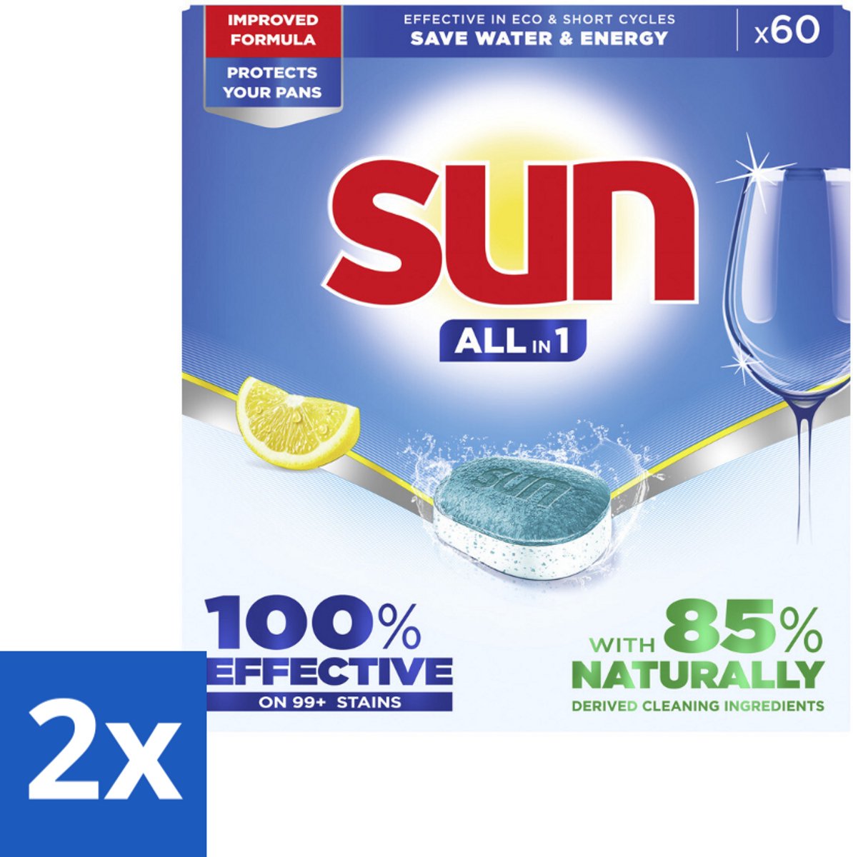 2 x Sun - Vaatwastabletten - All-in-1 Citroen - 60 tabletten - Vaatwastabletten - Citroen - Reiniging - Schone Vaat - Vlekken Verwijderen