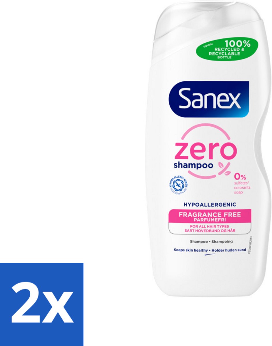 2 x Sanex - Shampoo - Zero% Normal Hair - Milde Reiniging - 250 ml - Sanex Shampoo - Shampoo Normaal Haar - Natuurlijke Shampoo - Biologische Shampoo - Sulfatenvrije Shampoo