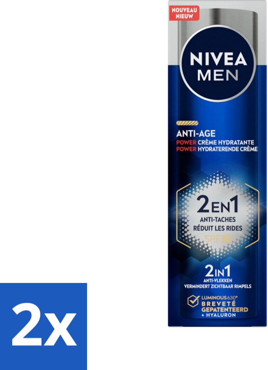 2 x NIVEA MEN - Anti-Age 2in1 Power - Hydraterende Crème Gezicht SPF 30 - 50 ml - Anti-ouderdom - Hydratatie - SPF 30 - Rimpels - Pigmentvlekken