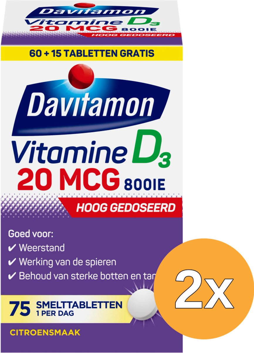 2x Davitamon Vitamine D3 20mcg (75 tabletten)