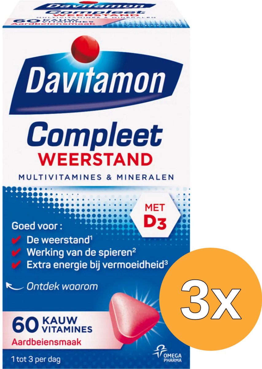 3x Davitamon Compleet weerstand kauwvitamines aardbei (60 tabletten)