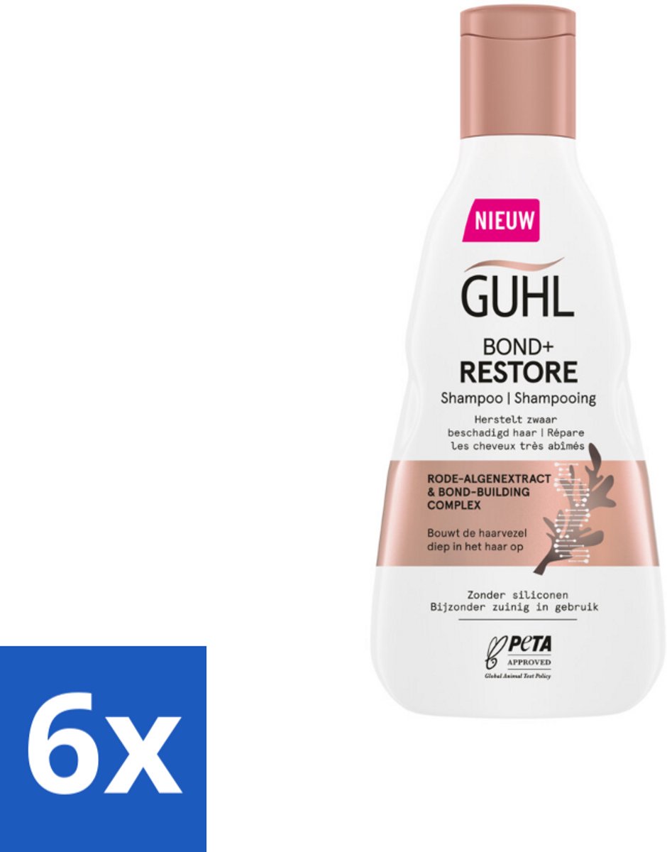 6 x Guhl - Shampoo - Bond+ Restore - 250 ml - Herstellende Shampoo - Beschadigd Haar - Haarversterking - Rode Algen Extract - Bond-building Complex